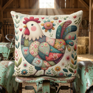 Folk- Patchwork-Hahn mit floralen Akzenten Kissen