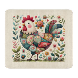 Folk- Patchwork-Hahn mit floralen Akzenten Schneid Schneidebrett