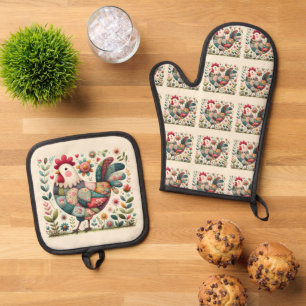 Folk Patchwork-Liste mit floralen Akzenten Ofenhandschuh & Topflappen-Set