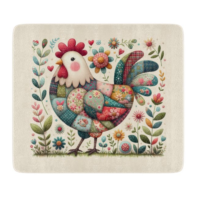 Folk Patchwork Rooster with Floral Accents Cutting Schneidebrett (Vorderseite)