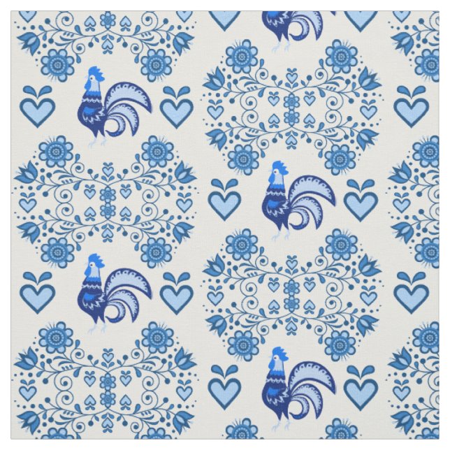 Folk Rooster/Cockerel /blau floral, Herzen 4" Stoff (Muster)