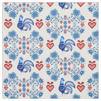 Folk Rooster/Cockerel/blau/rot-floral, Herzen 4" Stoff