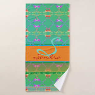 Folk Rose Hörer Monogramm Apricot Aquamarin Badhandtuch Set