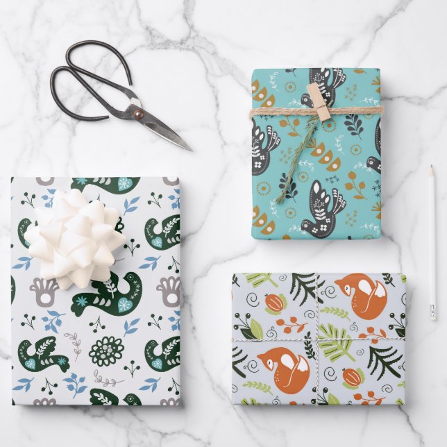 Folk Scandy Swedish Bird Fox Set von 3 Geschenkpapier Set (Vorderseite)