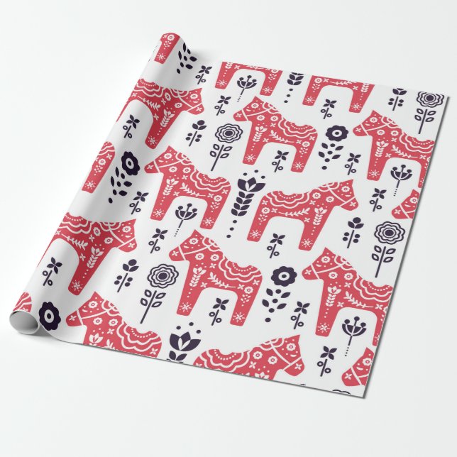 Folk schwedisches Pferd floral nahtlos Muster.  Geschenkpapier (Ungerollt)