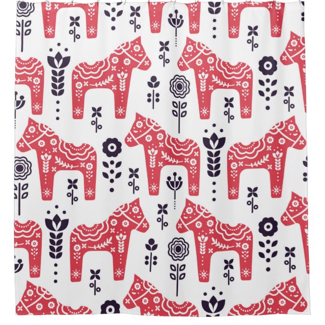 Folk swedish horse floral seamless pattern.  duschvorhang (Vorderseite)