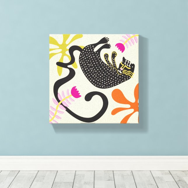 Folkart Boho Abstrakt Black Cat handgezeichnet Leinwanddruck (Insitu (Holzboden))