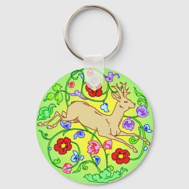 Folkart Deer Buck durch einen Garten Schlüsselanhänger (Vorderseite)