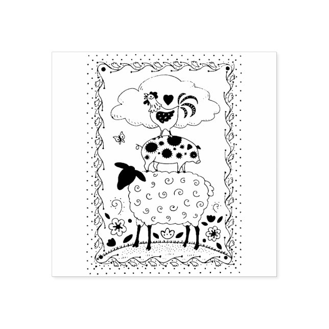 FOLKART LANDTIERE SCHAFENSCHAFT ROOSTER Primitiv Gummistempel (Prägung)