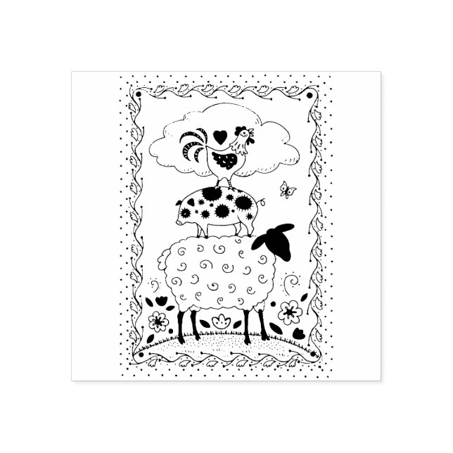 FOLKART LANDTIERE SCHAFENSCHAFT ROOSTER Primitiv Gummistempel (Prägung)