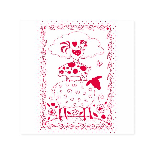 FOLKART LANDTIERE SCHAFENSCHAFT ROOSTER Primitiv Permastempel (Design)