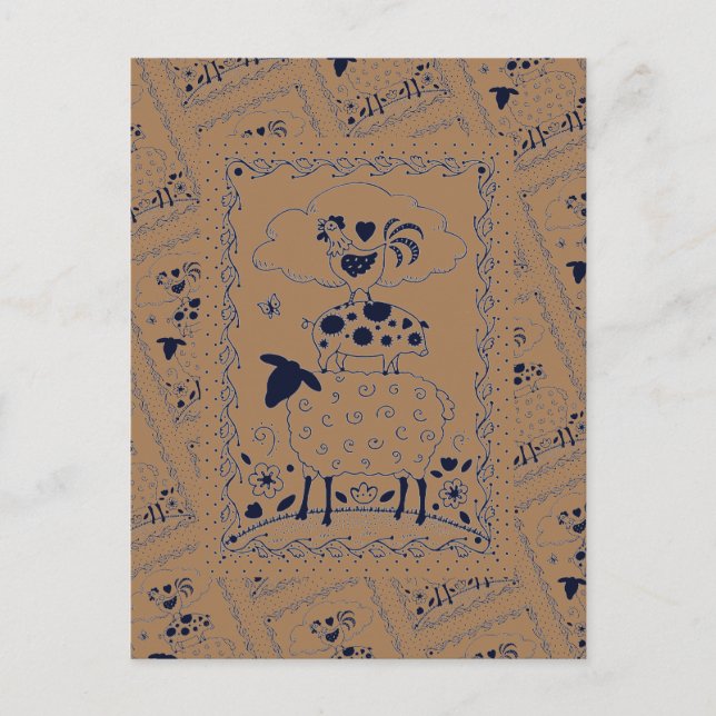 FOLKART LANDTIERE SCHAFENSCHAFT ROOSTER Primitiv Postkarte (Vorderseite)
