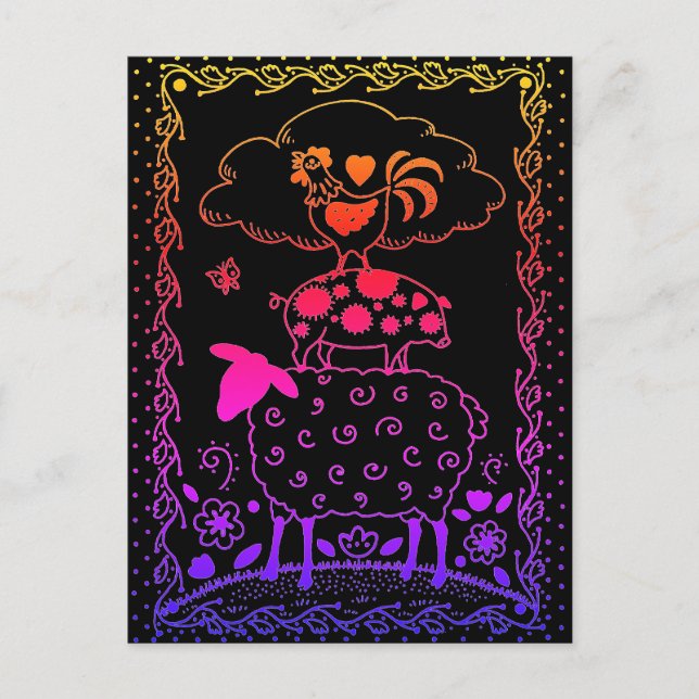 FOLKART LANDTIERE SCHAFENSCHAFT ROOSTER Primitiv Postkarte (Vorderseite)