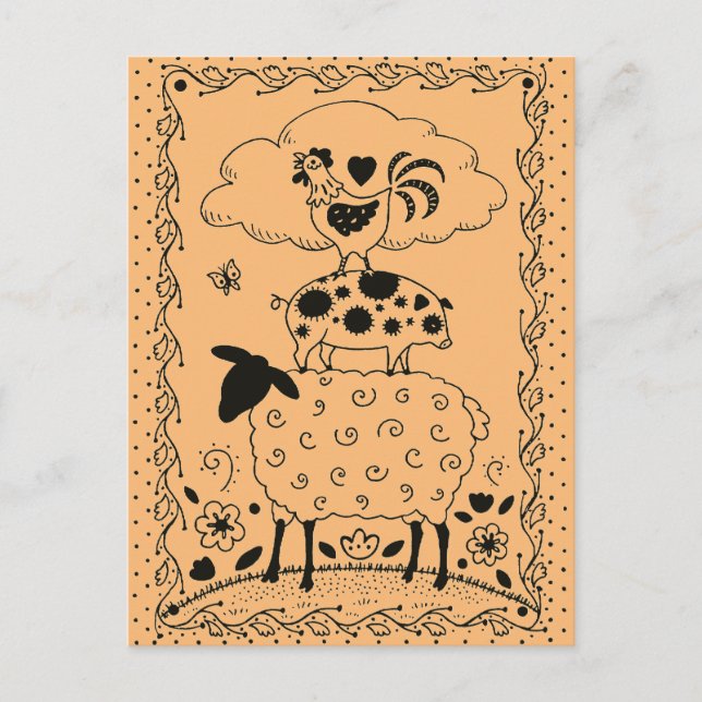 FOLKART LANDTIERE SCHAFENSCHAFT ROOSTER Primitiv Postkarte (Vorderseite)