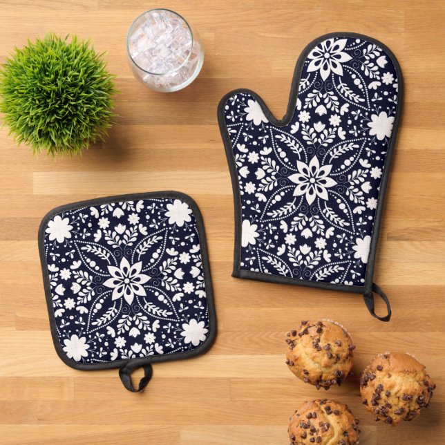 Folkflorale Navy White Nordic Muster Ofenhandschuh & Topflappen-Set (Oben Unten)