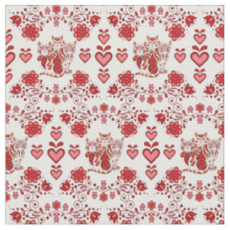 Folkkatze/Blume/Herzkalkkatzen, rote Drucke 2 Stoff