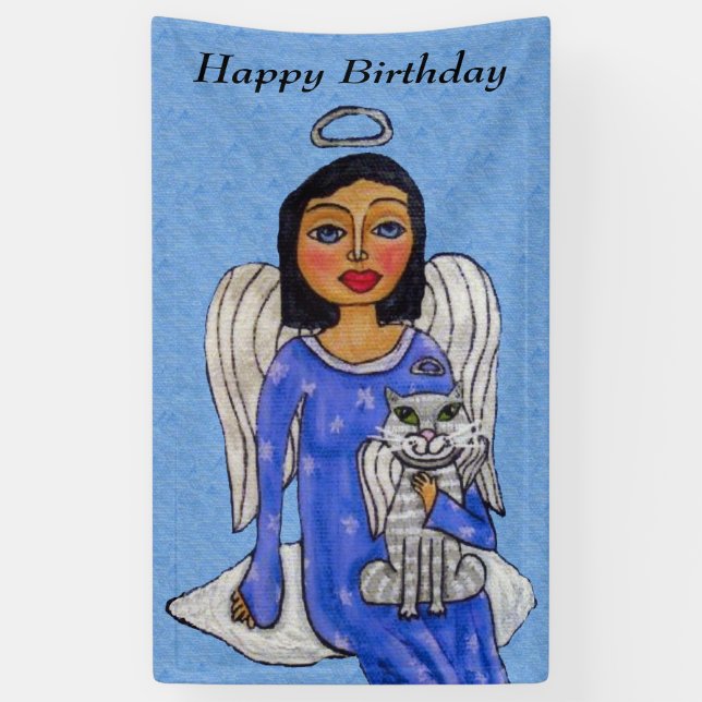 FolkkkkunstEngel auf Cloud White Angel Cat Blue Banner (Vertikal)