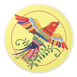 Folkkunst Flying Bird farbig rustikal Retro Gelb Keramikknauf