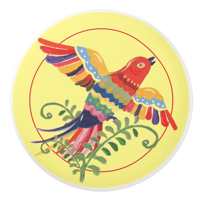 Folkkunst Flying Bird farbig rustikal Retro Gelb Keramikknauf (Vorderseite)