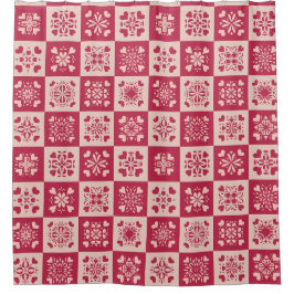 Folkkunst Gestricktes Herzmuster Rot und Rosa Duschvorhang