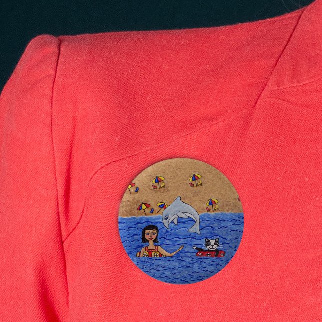 Folkkunstlerin Cat Beach Dolphin Schwimmen Button (Woman with cat inner tubes in ocean with jumping grey dolphin beach umbrellas on pin back button.)