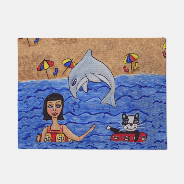 Folkkunstlerin Cat Beach Dolphin Schwimmen Fußmatte (Vorderseite)