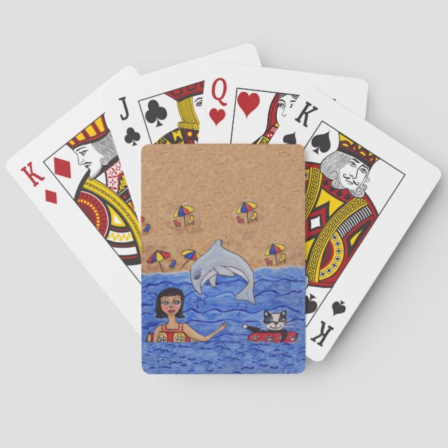 Folkkunstlerin Cat Beach Dolphin Schwimmen Spielkarten (Rückseite)