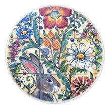 Folklore Art Rabbit Floral Tile Farben Südwesten