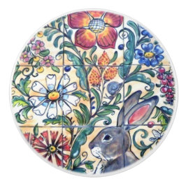 Folklore Art Rabbit Floral Tile Farben Südwesten Keramikknauf