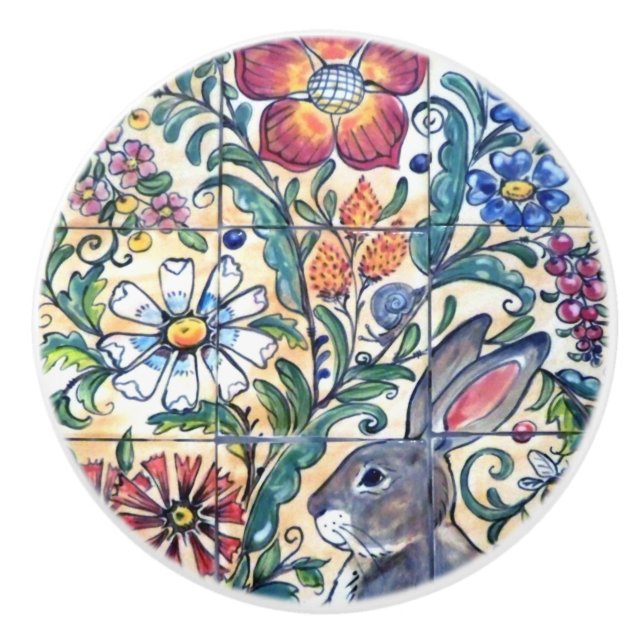 Folklore Art Rabbit Floral Tile Farben Südwesten Keramikknauf (Vorderseite)
