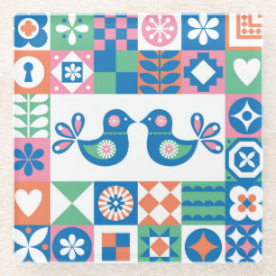 Folklore-Blumenkarte: Skandinavisches Design. Glasuntersetzer