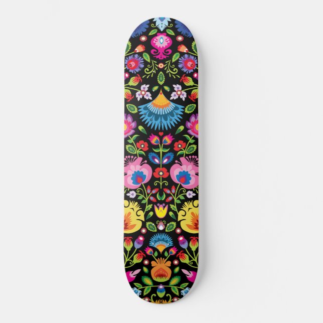 Folklore flowers Wycinanki black  Skateboard (Vorderseite)