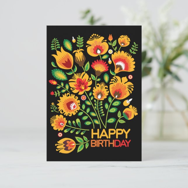 Folklore Happy Birthday Card Dankeskarte (Stehend Vorderseite)