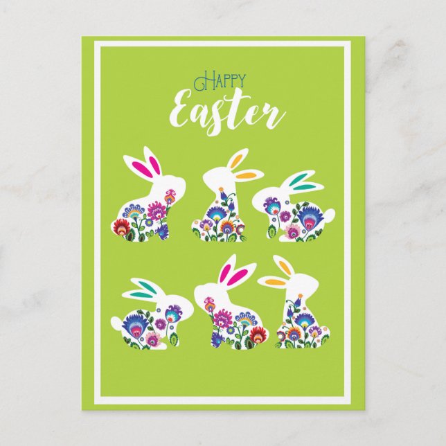 Folklore Happy Oaster Bunnies Frühjahr grün Postkarte (Vorderseite)