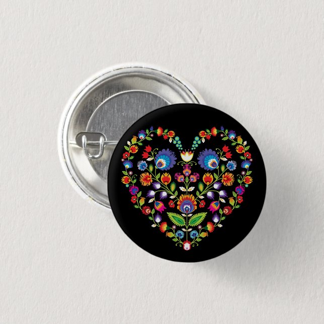 Folklore-Herz, Wycinanki-Stil Button (Vorne & Hinten)