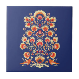 💙 💛 🧡 Folklore mit gelben Blumen und Vög Fliese