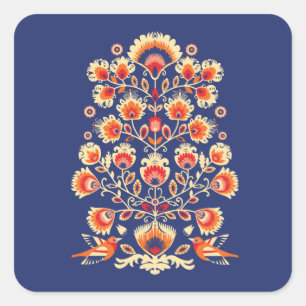 💙 💛 🧡 Folklore mit gelben Blumen und Vög Quadratischer Aufkleber