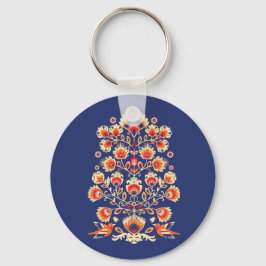 💙 🧡 Folklore mit gelben Blumen und Vögeln Butto Schlüsselanhänger