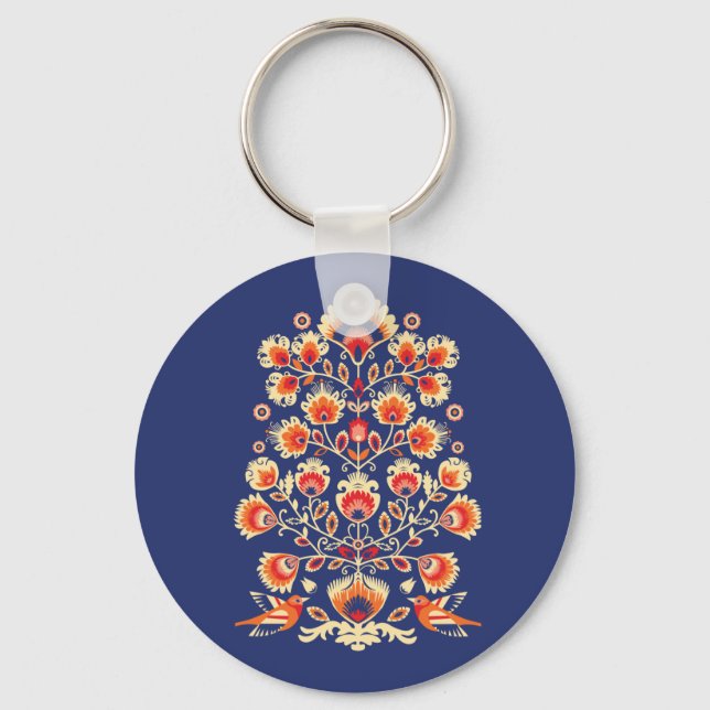 💙 🧡 Folklore mit gelben Blumen und Vögeln Butto Schlüsselanhänger (Vorderseite)