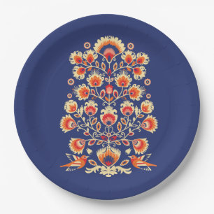 💙 🧡 Folklore mit gelben Blumen und Vögeln Pappteller