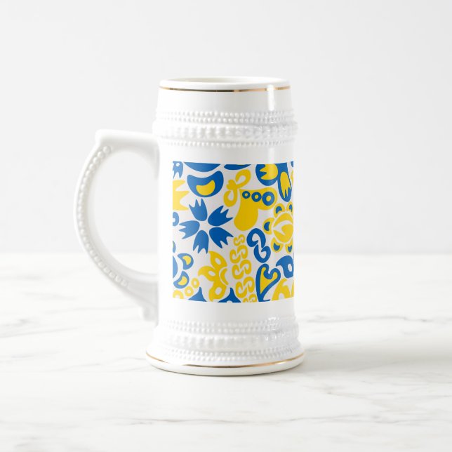 Folklore-Muster mit ukrainischen Flaggenfarben Bierglas (Links)