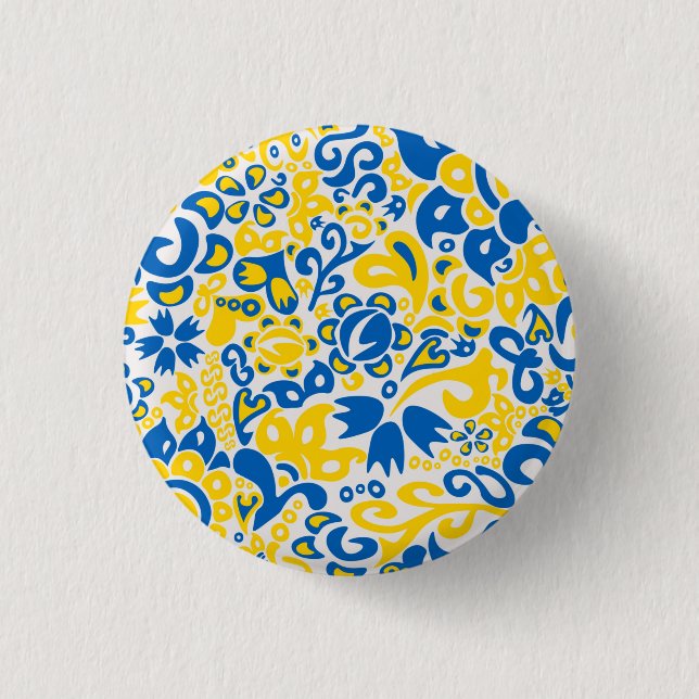 Folklore-Muster mit ukrainischen Flaggenfarben Button (Vorderseite)