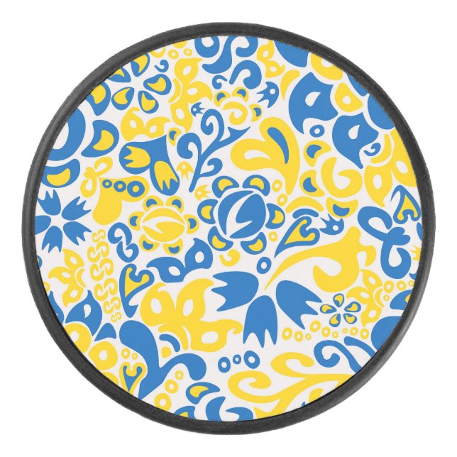 Folklore-Muster mit ukrainischen Flaggenfarben Eishockey Puck (Vorderseite)