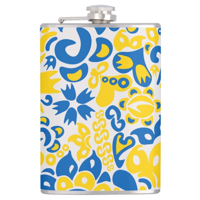 Folklore-Muster mit ukrainischen Flaggenfarben Flachmann (Vorderseite)