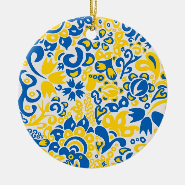 Folklore-Muster mit ukrainischen Flaggenfarben Keramik Ornament (Vorne)