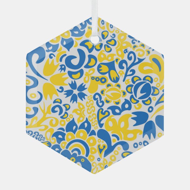 Folklore-Muster mit ukrainischen Flaggenfarben Ornament Aus Glas (Vorderseite)