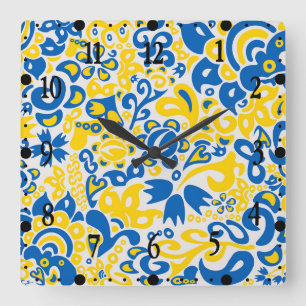 Folklore-Muster mit ukrainischen Flaggenfarben Quadratische Wanduhr