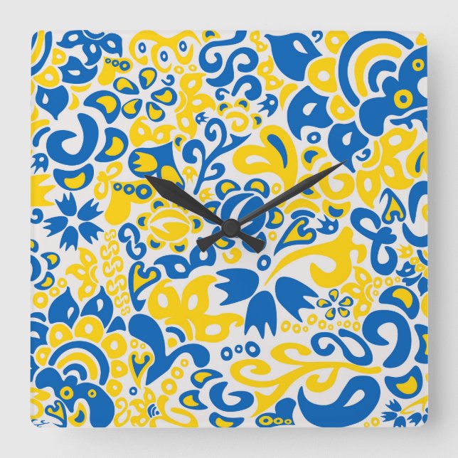 Folklore-Muster mit ukrainischen Flaggenfarben Quadratische Wanduhr (Vorderseite)