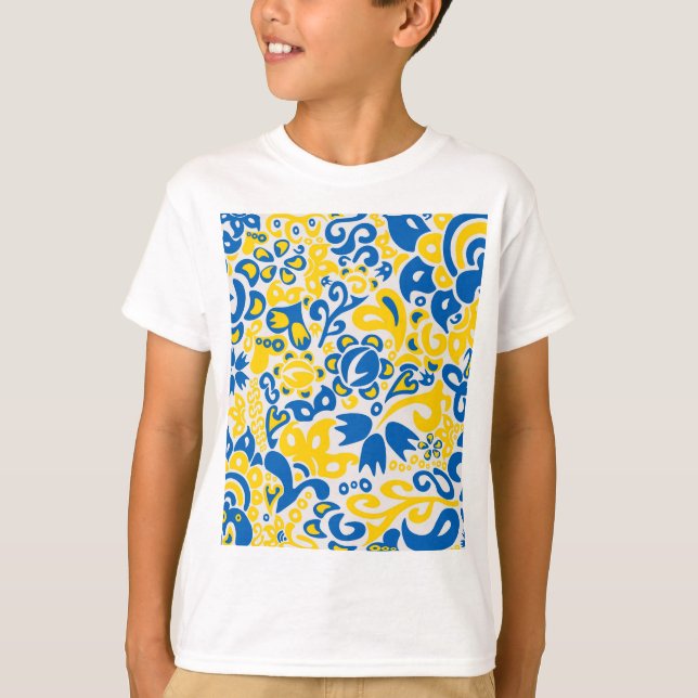 Folklore-Muster mit ukrainischen Flaggenfarben T-Shirt (Vorderseite)