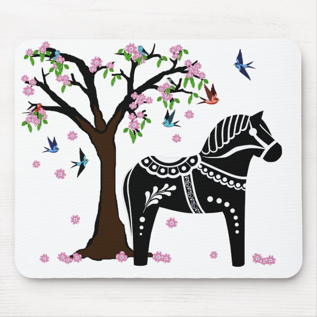 Folklore, Schwarz/Weiß-Dala-Pferd, Folk Bird/Blume Mousepad (Vorne)
